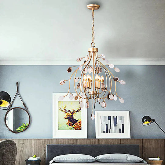 Brass Leaf Chandelier Lighting Modern Metal 3/6 Bulbs Pendant Light Fixture For Bedroom