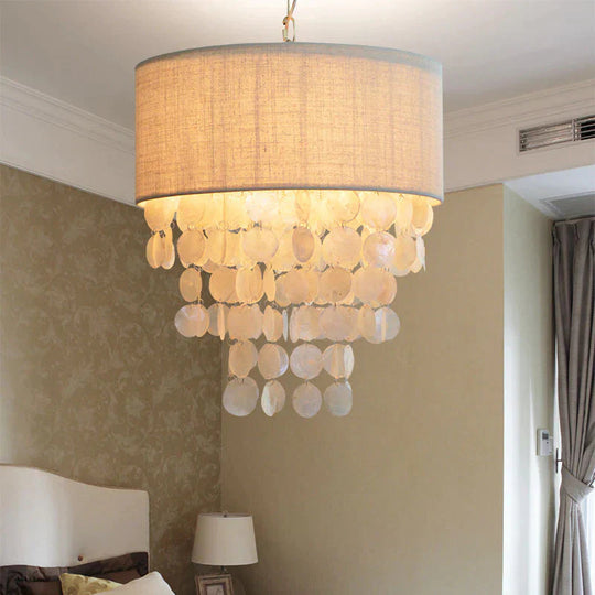 Tassel Shell Hanging Chandelier Retro 3 Heads White Ceiling Pendant Light With Drum Fabric Shade