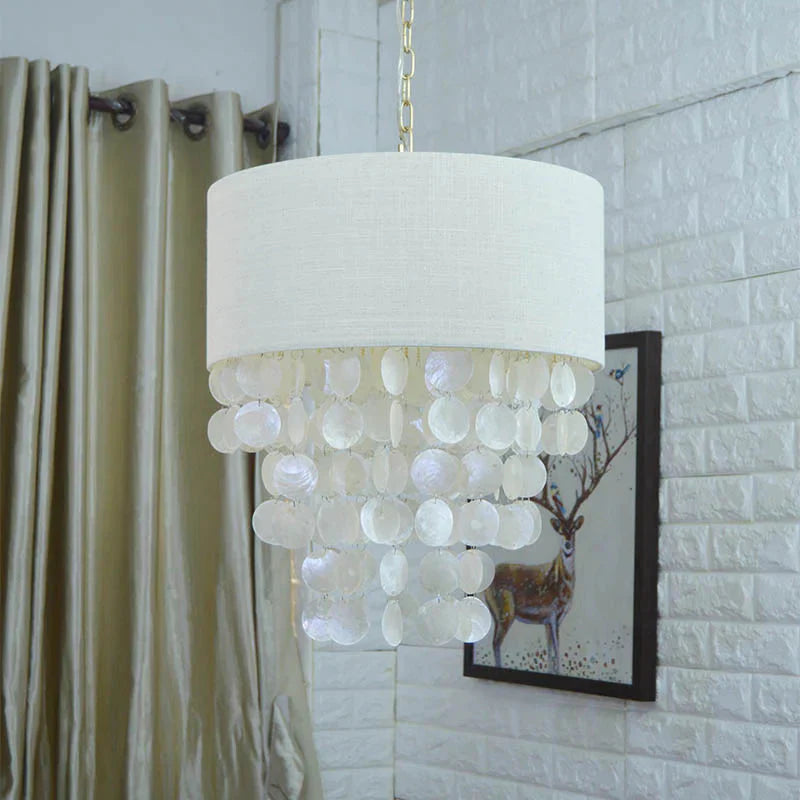 Tassel Shell Hanging Chandelier Retro 3 Heads White Ceiling Pendant Light With Drum Fabric Shade