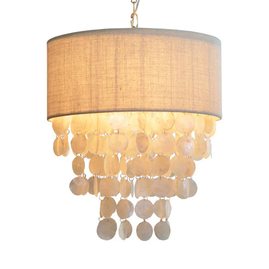 Tassel Shell Hanging Chandelier Retro 3 Heads White Ceiling Pendant Light With Drum Fabric Shade