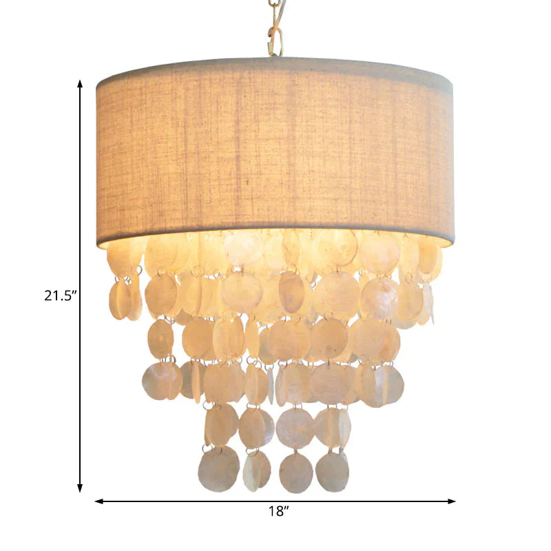 Tassel Shell Hanging Chandelier Retro 3 Heads White Ceiling Pendant Light With Drum Fabric Shade