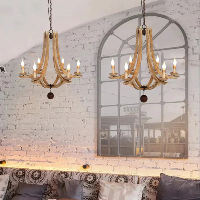 Rustic Laser - Cut Hanging Chandelier Wood 6 Bulbs Suspension Light In Beige For Bedroom