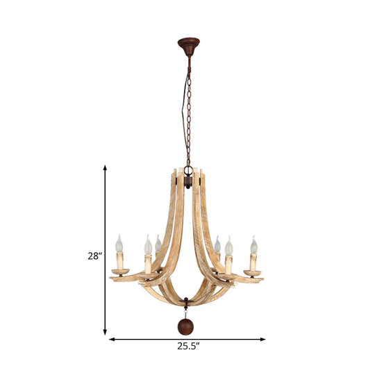 Rustic Laser - Cut Hanging Chandelier Wood 6 Bulbs Suspension Light In Beige For Bedroom