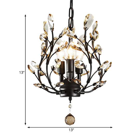 Crystal Branch Chandelier Lamp Modern 3 Bulbs Black/Gold Pendant Lighting Fixture With Global Drop