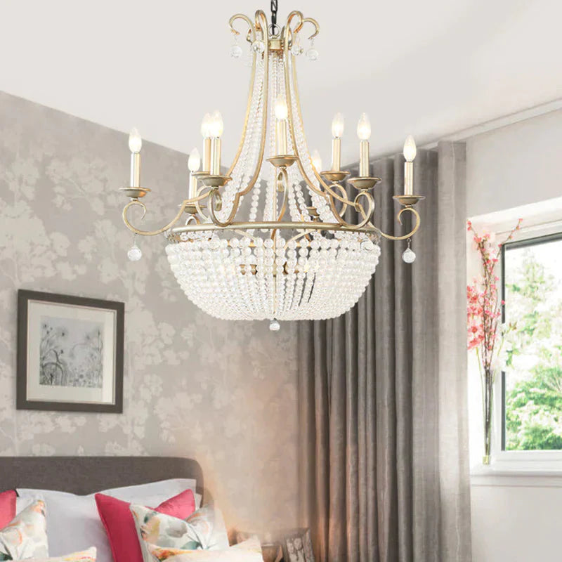 Modernism Candle Ceiling Chandelier Crystal 9 Heads Hanging Light Fixture In Brass For Bedroom