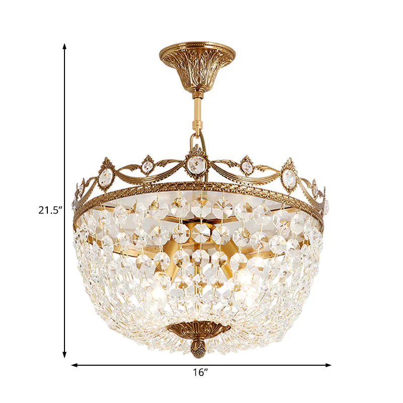 Traditional Bowl Hanging Chandelier Crystal 4 Bulbs Suspension Light In Brass For Hallway