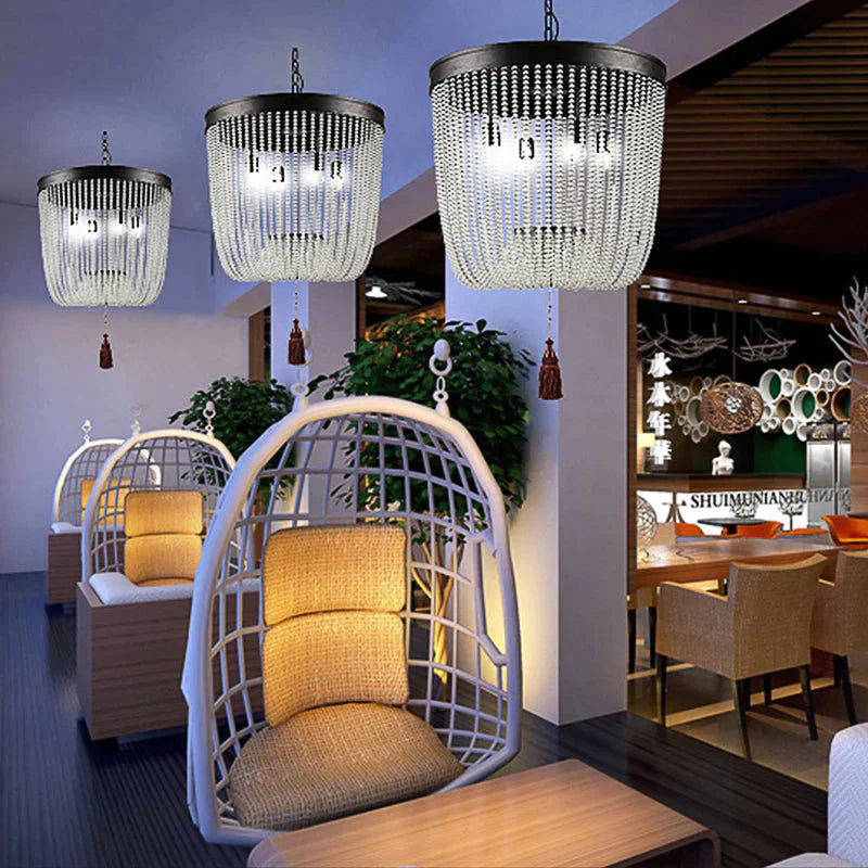 Tassel Crystal Hanging Chandelier Retro 4 Heads Black Ceiling Pendant Light For Restaurant