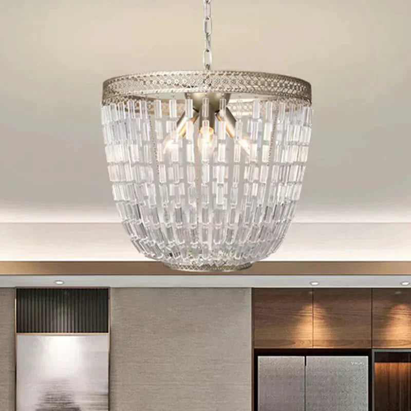 Dome Pendant Chandelier Traditional Crystal 3 Bulbs Aged Silver Hanging Ceiling Light