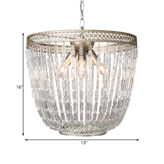 Dome Pendant Chandelier Traditional Crystal 3 Bulbs Aged Silver Hanging Ceiling Light