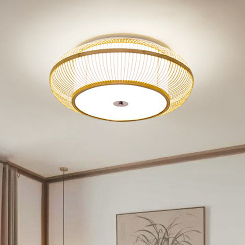 Minimalistic Round Bamboo Flushmount Ceiling Light - Single - Head Aisle Fixture With Natural Wood