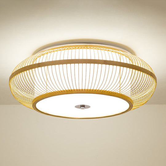 Minimalistic Round Bamboo Flushmount Ceiling Light - Single - Head Aisle Fixture With Natural Wood