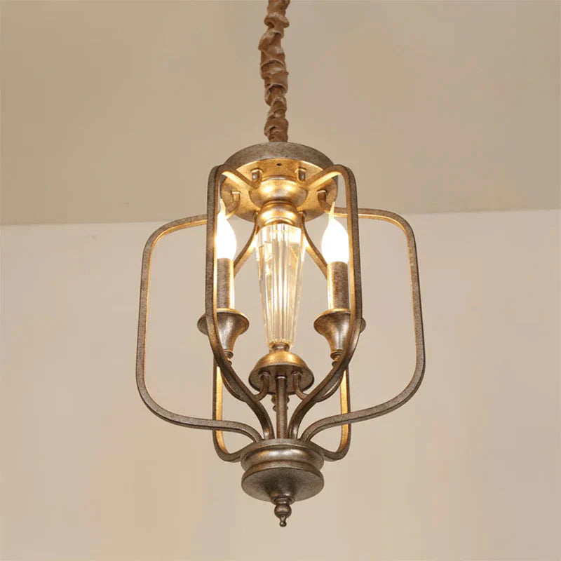 Traditional Caged Hanging Lamp 3 Bulbs Metal Chandelier Light Fixture With Crystal Accent In Aged
