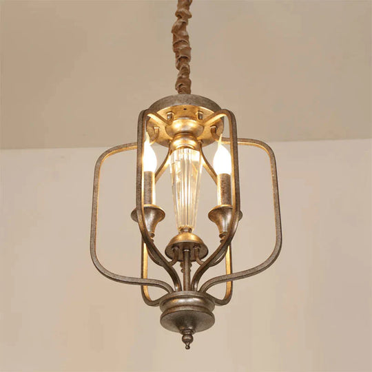 Traditional Caged Hanging Lamp 3 Bulbs Metal Chandelier Light Fixture With Crystal Accent In Aged