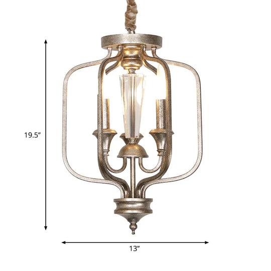 Traditional Caged Hanging Lamp 3 Bulbs Metal Chandelier Light Fixture With Crystal Accent In Aged