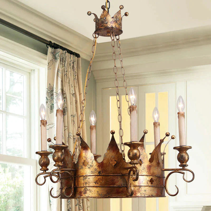 Countryside Crown Hanging Pendant 6 Lights Metal Ceiling Chandelier In Antique Brass For Living Room