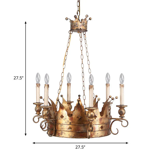 Countryside Crown Hanging Pendant 6 Lights Metal Ceiling Chandelier In Antique Brass For Living Room
