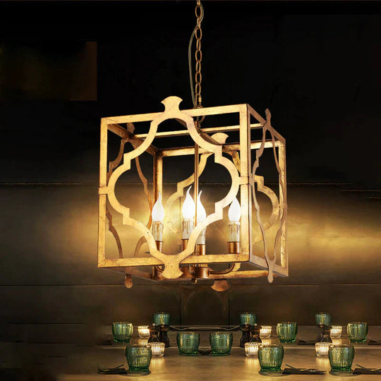 4 - Light Chandelier Light Antique Restaurant Suspension Pendant With Quatrefoil Metal Cage In Gold