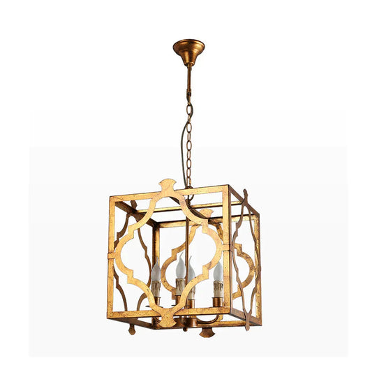 4 - Light Chandelier Light Antique Restaurant Suspension Pendant With Quatrefoil Metal Cage In Gold