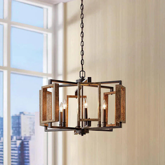 Brown 6 Lights Chandelier Lighting Rustic Metal Rectangular Pendant Lamp For Bedroom