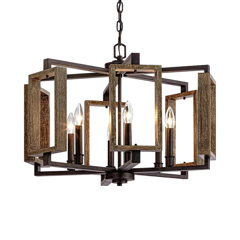 Brown 6 Lights Chandelier Lighting Rustic Metal Rectangular Pendant Lamp For Bedroom