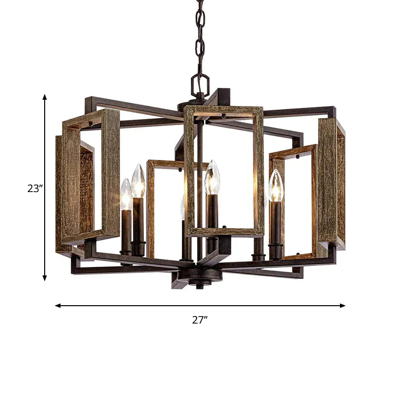 Brown 6 Lights Chandelier Lighting Rustic Metal Rectangular Pendant Lamp For Bedroom