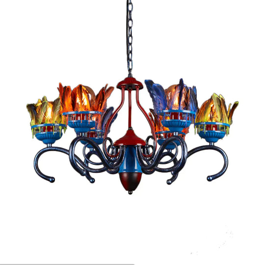 6 Lights Chandelier Lighting Fixture Antique Feather Metal Ceiling Suspension Lamp In Orange - Blue