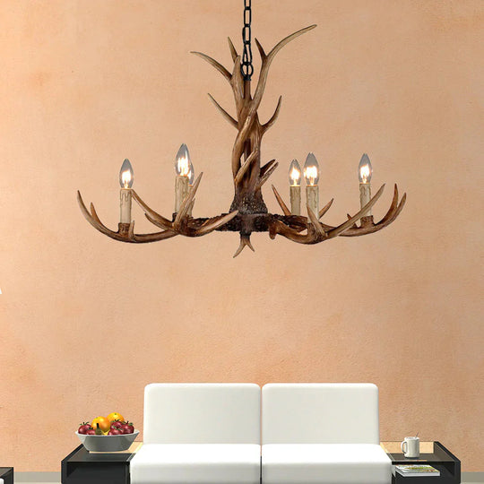 Countryside Faux Antler Hanging Pendant 6/8/10 Lights Resin Ceiling Chandelier In Brown For Living