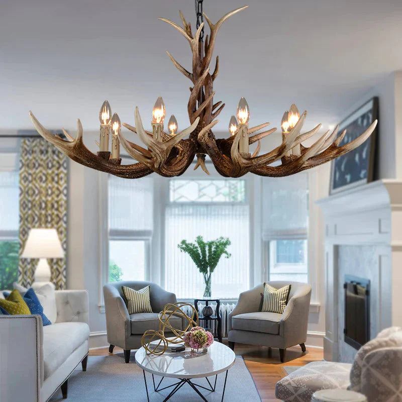 Countryside Faux Antler Hanging Pendant 6/8/10 Lights Resin Ceiling Chandelier In Brown For Living