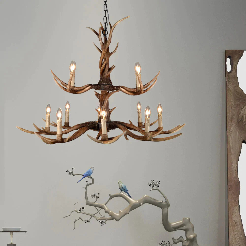 Countryside Faux Antler Hanging Pendant 6/8/10 Lights Resin Ceiling Chandelier In Brown For Living