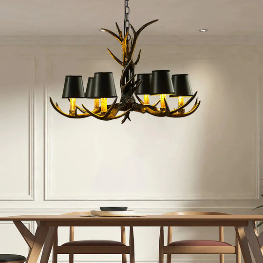 Black 6/8 Lights Chandelier Lighting Rustic Resin Cone Pendant Lamp With Antler For Living Room 6 /