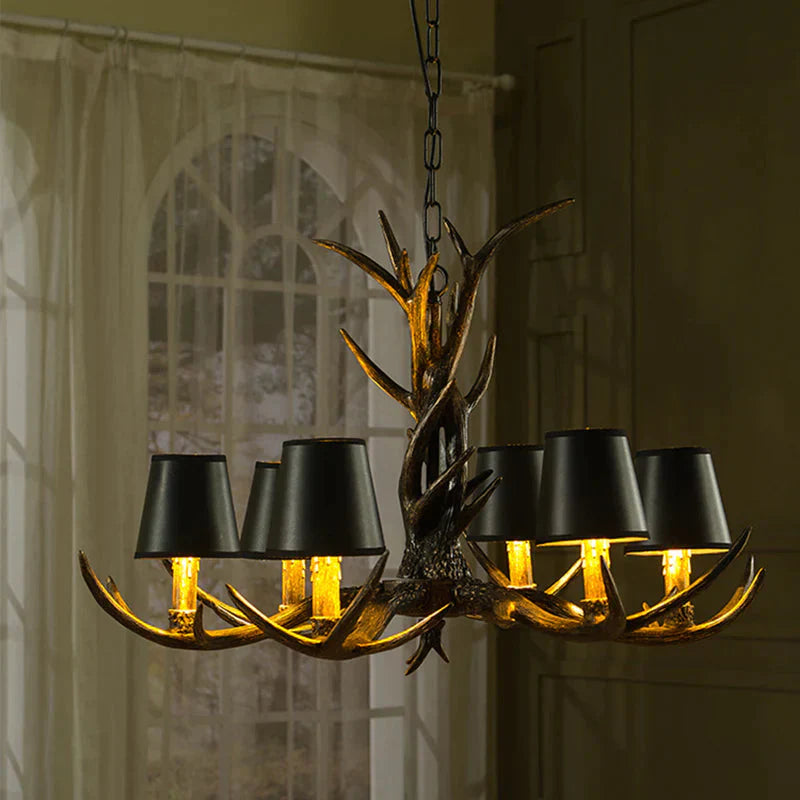 Black 6/8 Lights Chandelier Lighting Rustic Resin Cone Pendant Lamp With Antler For Living Room