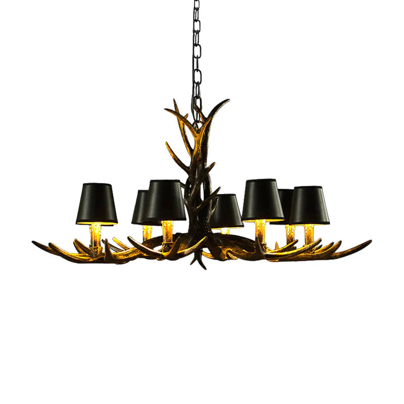 Black 6/8 Lights Chandelier Lighting Rustic Resin Cone Pendant Lamp With Antler For Living Room