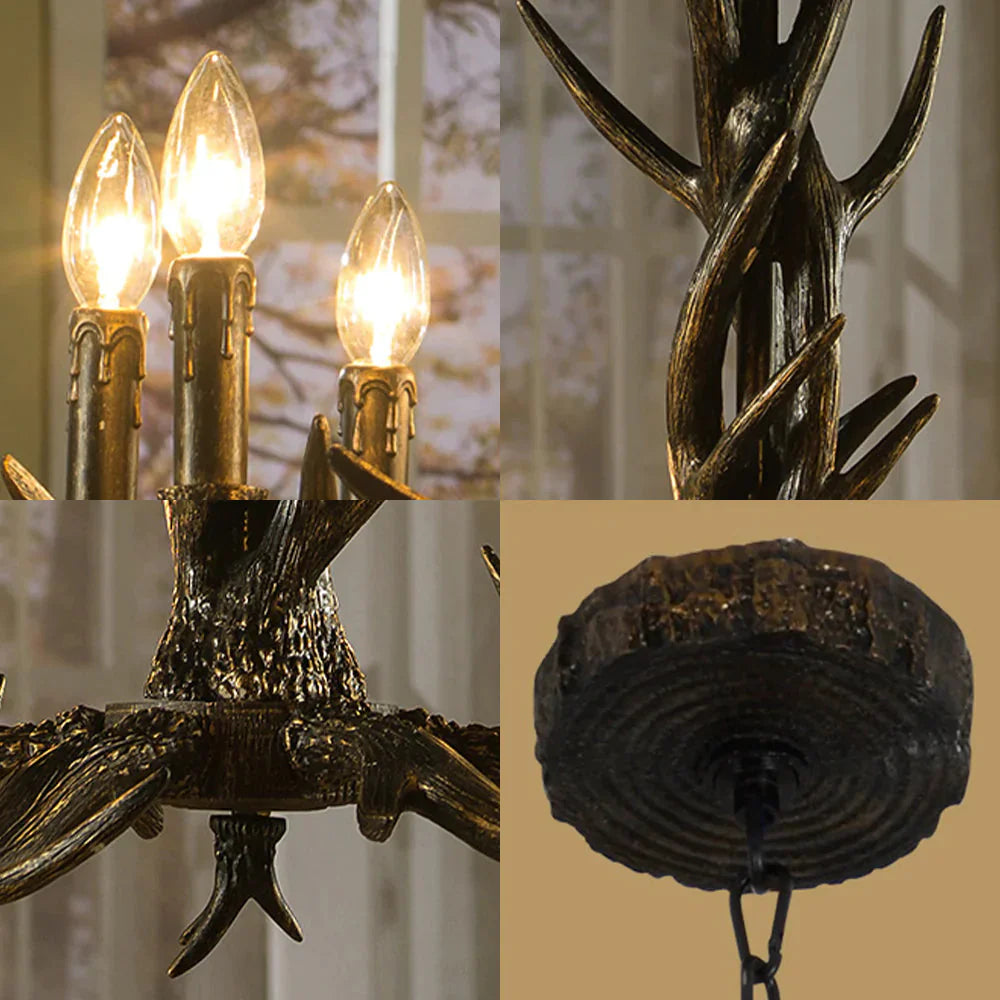 Black 6/8 Lights Chandelier Lighting Rustic Resin Cone Pendant Lamp With Antler For Living Room