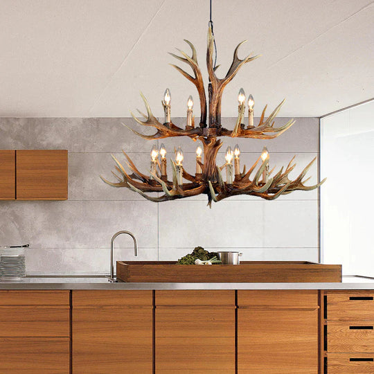 2 - Tier Hanging Lamp Rustic Resin 12/15 Bulbs Brown Chandelier Pendant Light For Kitchen Island