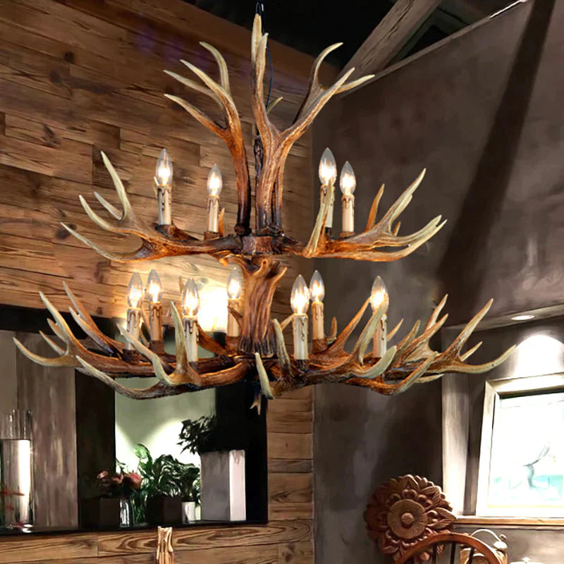 2 - Tier Hanging Lamp Rustic Resin 12/15 Bulbs Brown Chandelier Pendant Light For Kitchen Island