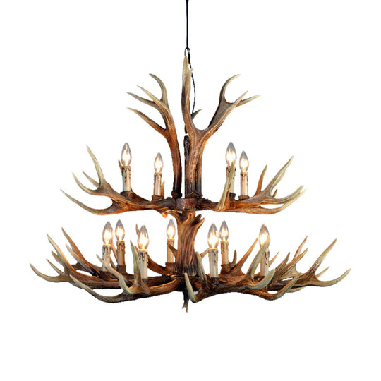 2 - Tier Hanging Lamp Rustic Resin 12/15 Bulbs Brown Chandelier Pendant Light For Kitchen Island