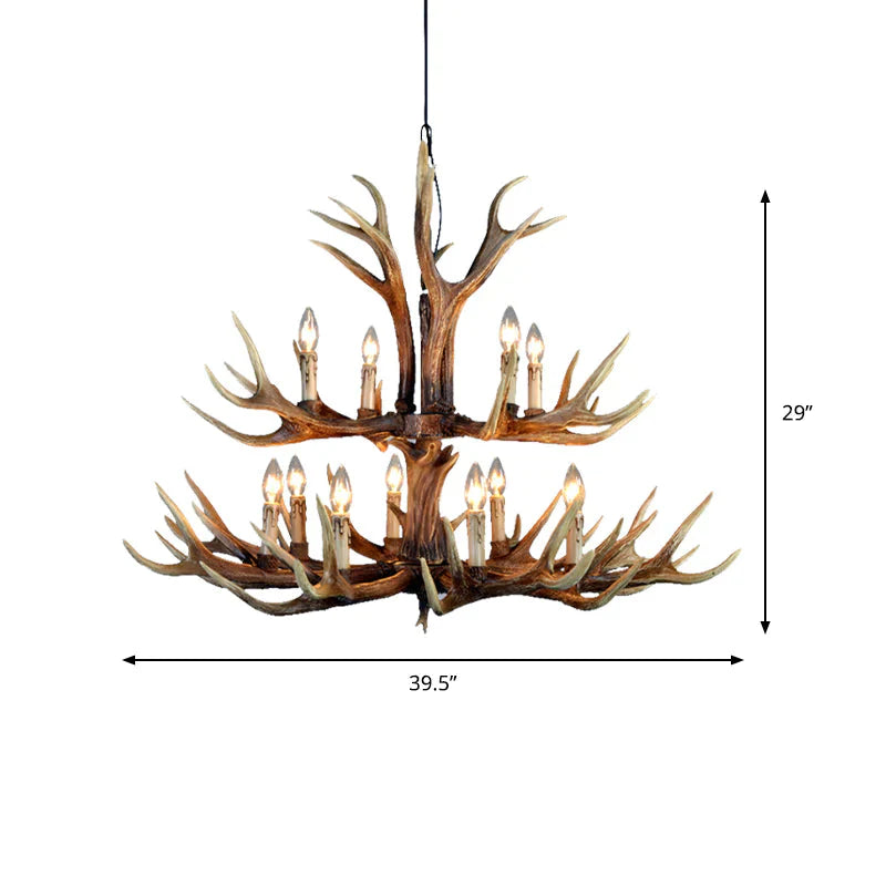 2 - Tier Hanging Lamp Rustic Resin 12/15 Bulbs Brown Chandelier Pendant Light For Kitchen Island