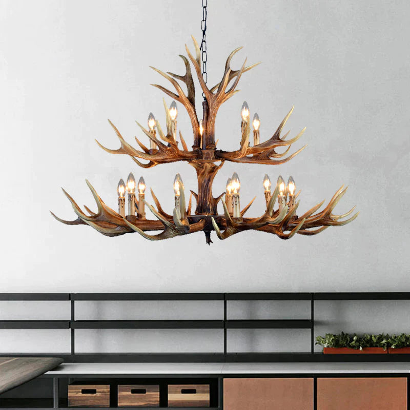 2 - Tier Hanging Lamp Rustic Resin 12/15 Bulbs Brown Chandelier Pendant Light For Kitchen Island