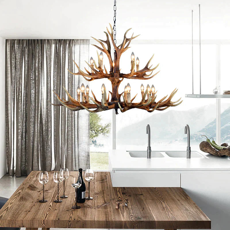 2 - Tier Hanging Lamp Rustic Resin 12/15 Bulbs Brown Chandelier Pendant Light For Kitchen Island