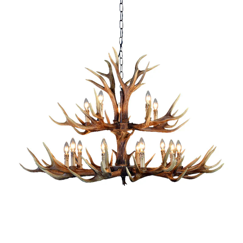 2 - Tier Hanging Lamp Rustic Resin 12/15 Bulbs Brown Chandelier Pendant Light For Kitchen Island