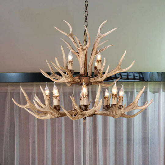 Resin Light Brown Hanging Chandelier Deer Antler 8/12/24 Bulbs Traditional Pendant Fixture For