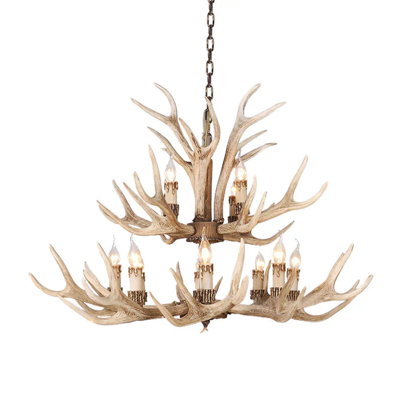 Resin Light Brown Hanging Chandelier Deer Antler 8/12/24 Bulbs Traditional Pendant Fixture For