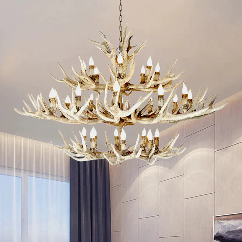 Resin Light Brown Hanging Chandelier Deer Antler 8/12/24 Bulbs Traditional Pendant Fixture For