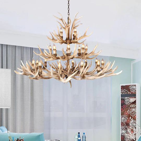 Resin Light Brown Hanging Chandelier Deer Antler 8/12/24 Bulbs Traditional Pendant Fixture For