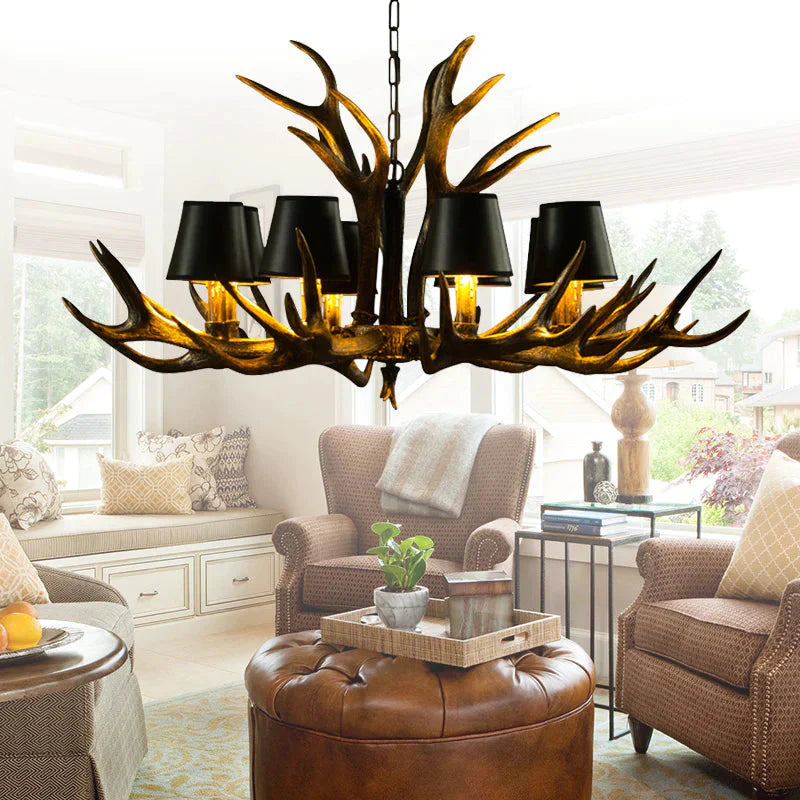 6/8/10 - Bulb Resin Suspension Light Rustic Black Tapered Living Room Chandelier Lighting With