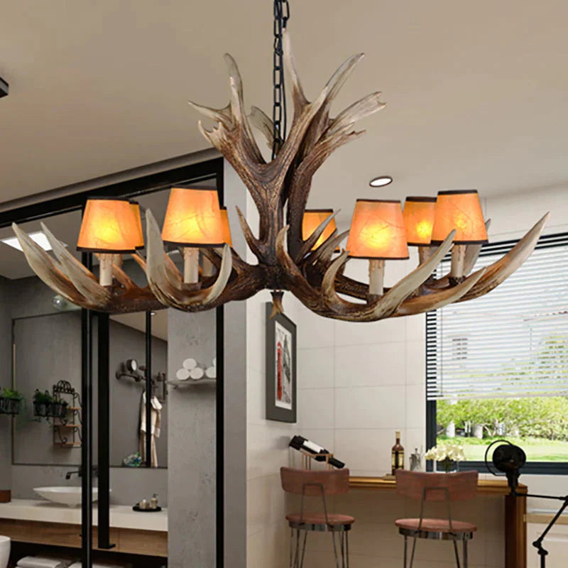 Resin Conical Chandelier Lamp Rustic 6/8/10 - Head Bedroom Pendant Ceiling Light With Antler In