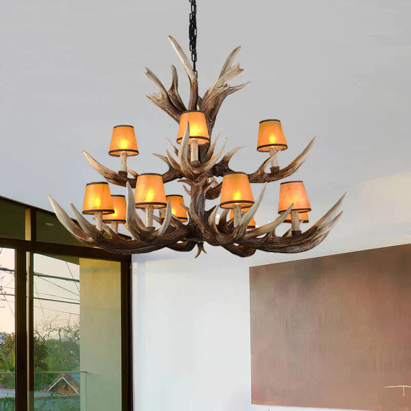 Resin Conical Chandelier Lamp Rustic 6/8/10 - Head Bedroom Pendant Ceiling Light With Antler In