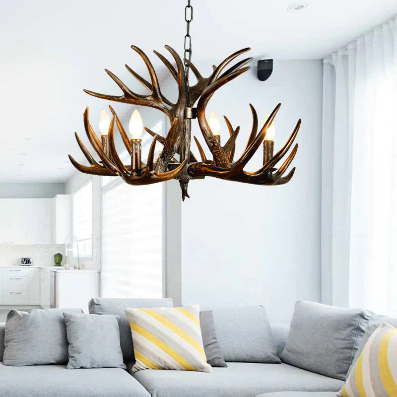 Traditional Candle Hanging Lamp 4/6/9 Bulbs Resin Chandelier Light Fixture With Deer Antler In Brown