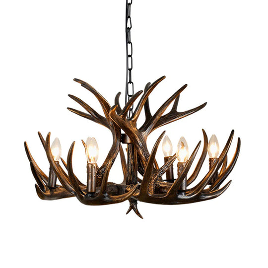 Traditional Candle Hanging Lamp 4/6/9 Bulbs Resin Chandelier Light Fixture With Deer Antler In Brown