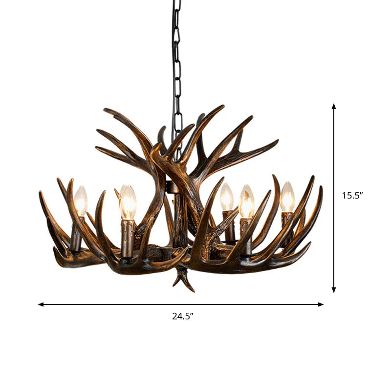 Traditional Candle Hanging Lamp 4/6/9 Bulbs Resin Chandelier Light Fixture With Deer Antler In Brown